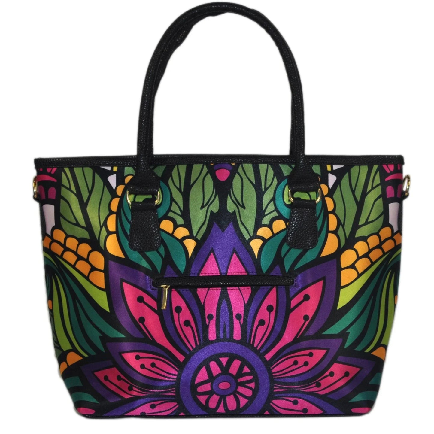 Bolso shopper de mano y hombro con diseño mandala verde y morado, exterior colorido.