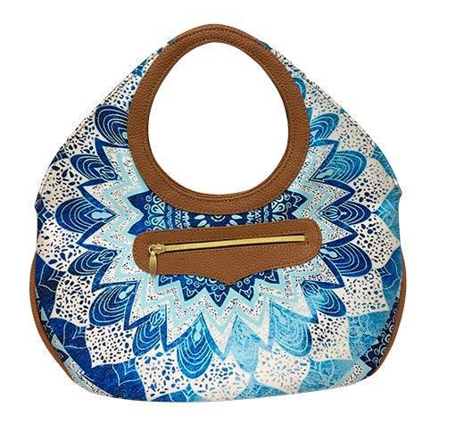 Bolso de mano mediano Mini Nicole con diseño mandala azul y detalles en cuero marrón