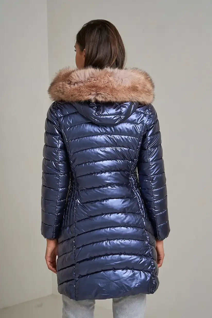 Abrigo Largo Mujer Azul Metalizado Acolchado con Capucha de Pelo - CHICA del Sur