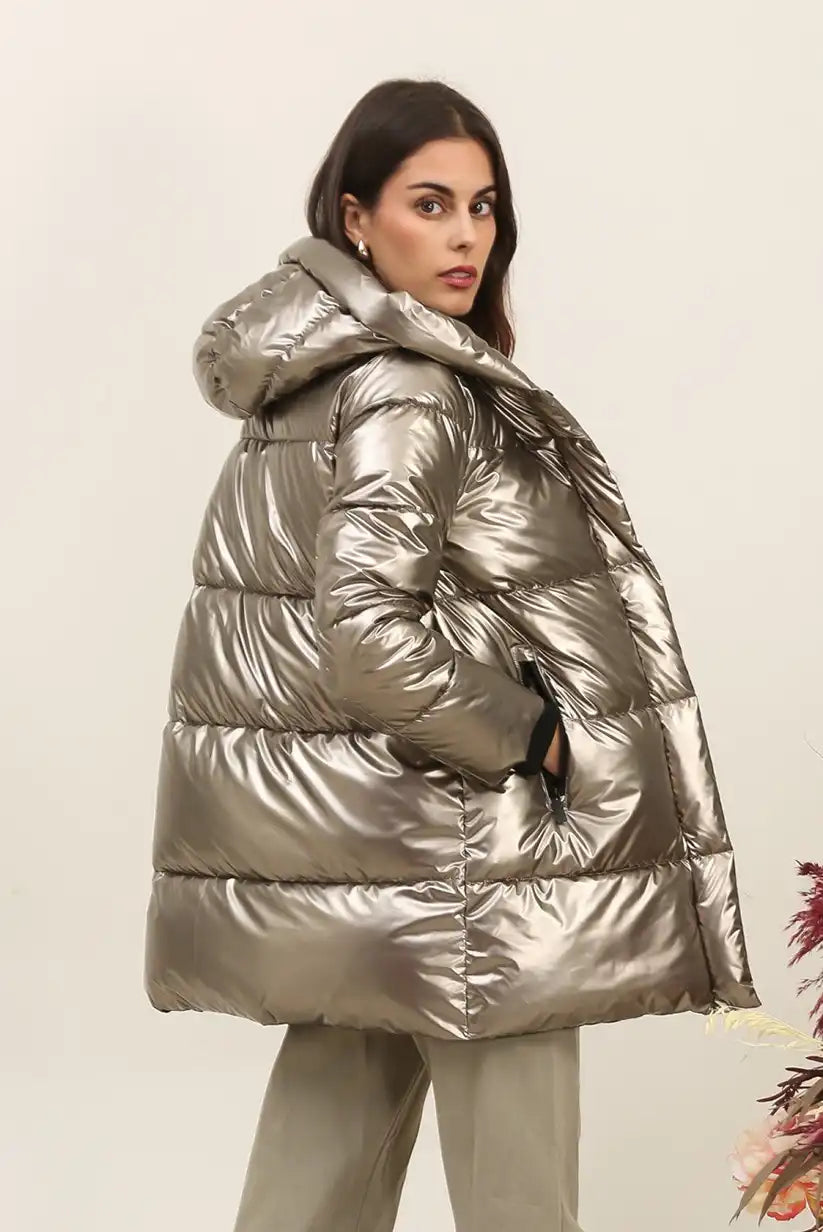 Abrigo Acolchado Dorado Mujer Largo Invierno Elegante con Capucha - CHICA del Sur