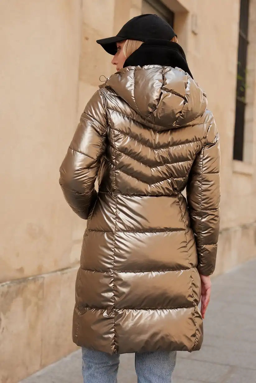 Abrigo Mujer Largo Dorado Metalizado Acolchado