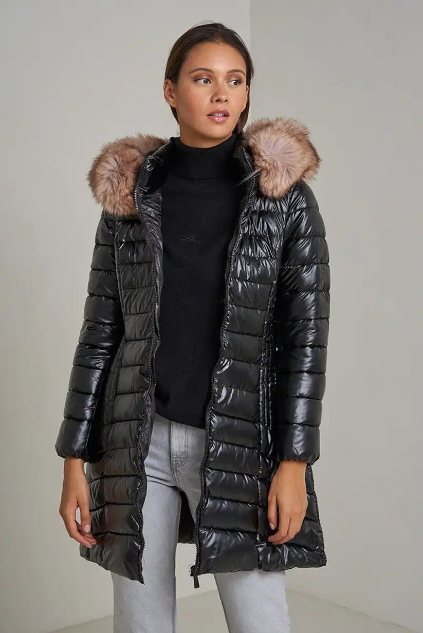 Abrigo Largo Mujer Negro con Capucha Pelo Invierno - CHICA del Sur