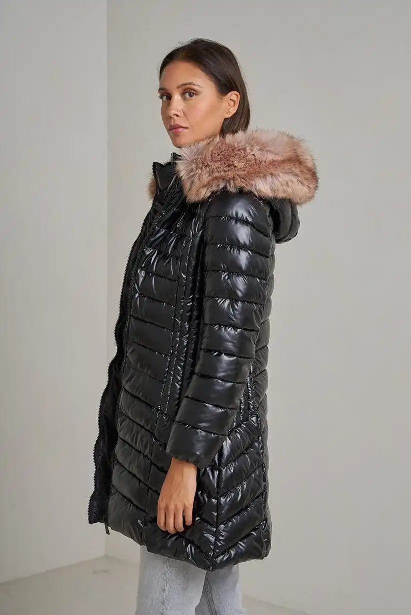 Abrigo Largo Mujer Negro con Capucha Pelo Invierno - CHICA del Sur