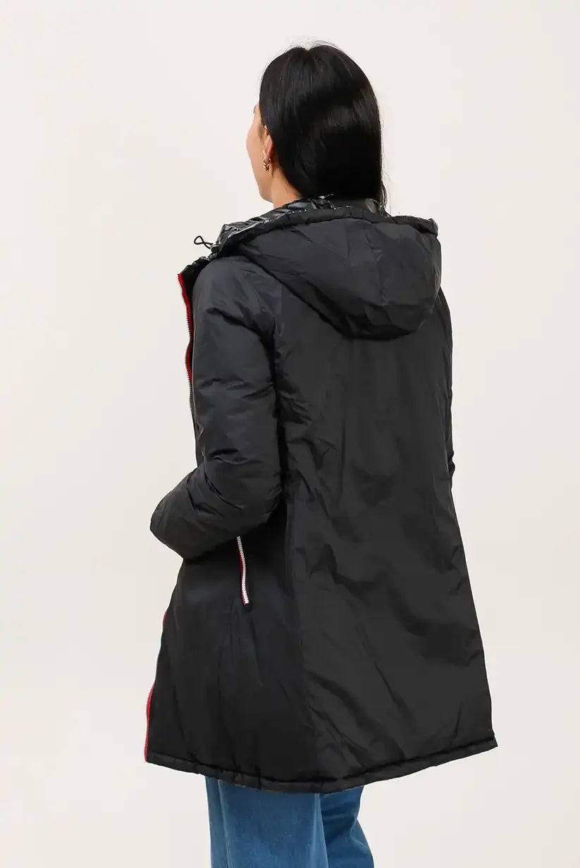 Abrigo Largo Reversible Mujer Negro con Capucha Cálido Ligero - CHICA del Sur