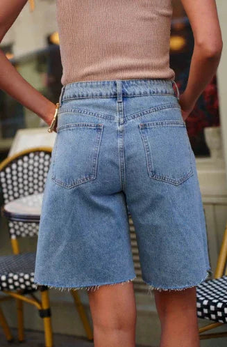 Pantalón Bermuda Shorts Mujer Denim Azul Corte Recto Cintura Media Casual - CHICA del Sur