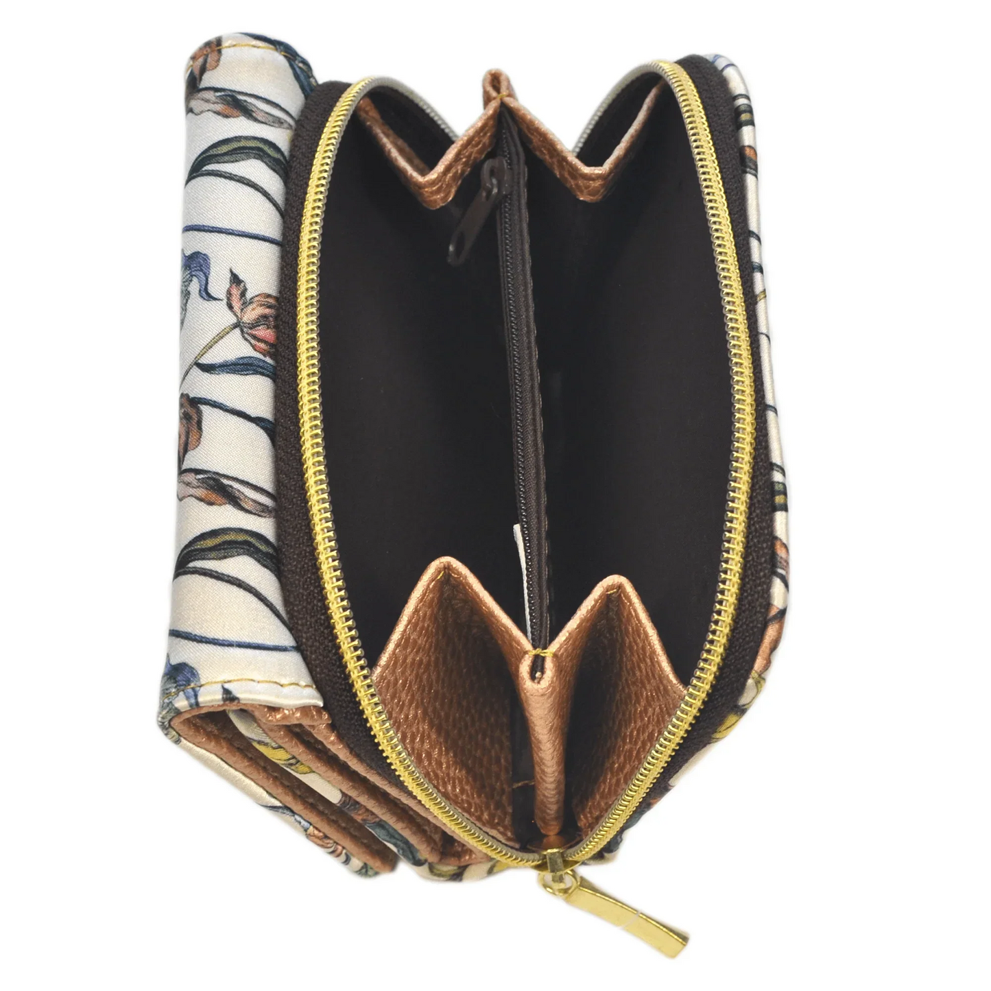 Billetera monedero mujer con flores peonias, cremallera dorada, compartimentos internos