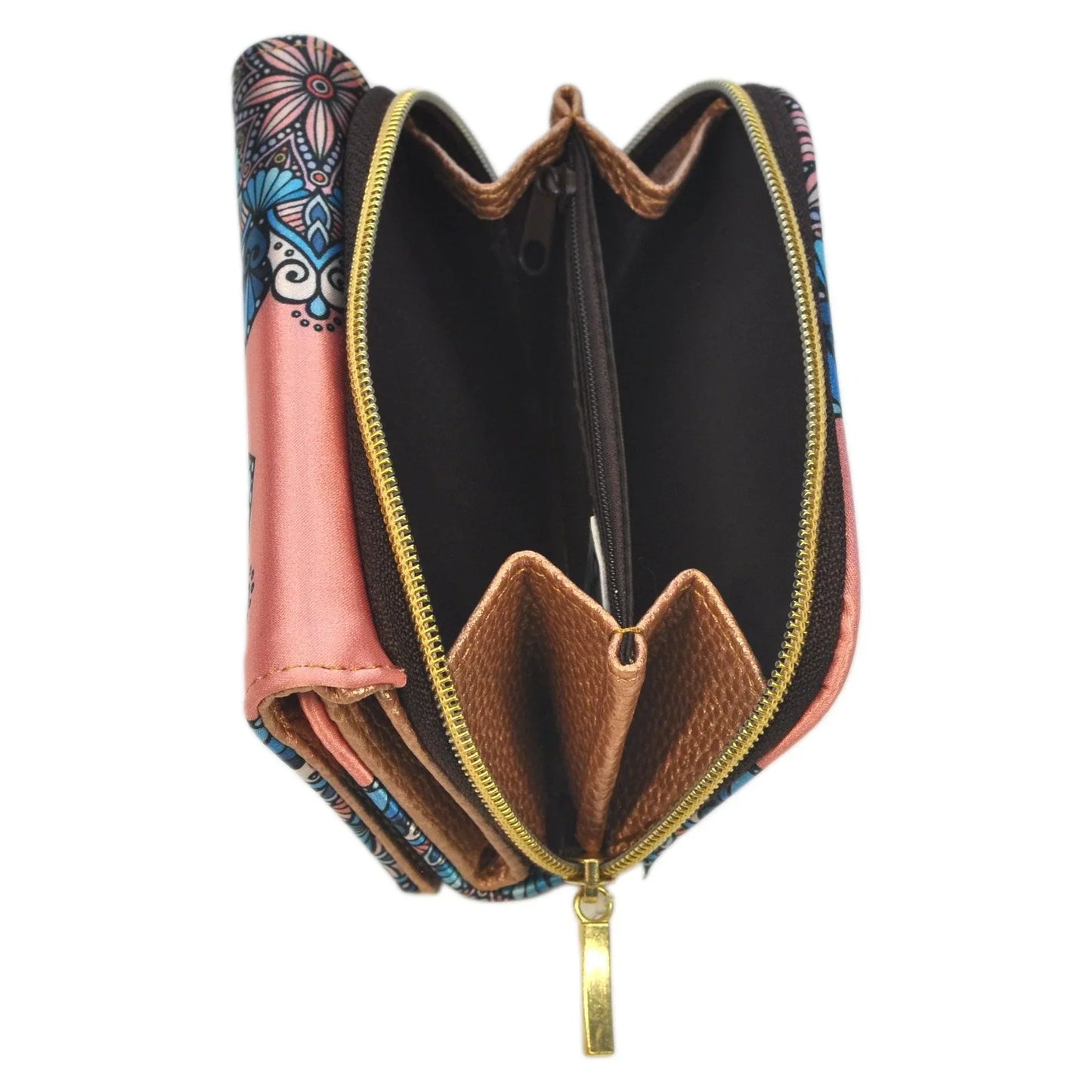 Billetera cartera monedero mujer color rosa con estampado mandala y cierre dorado