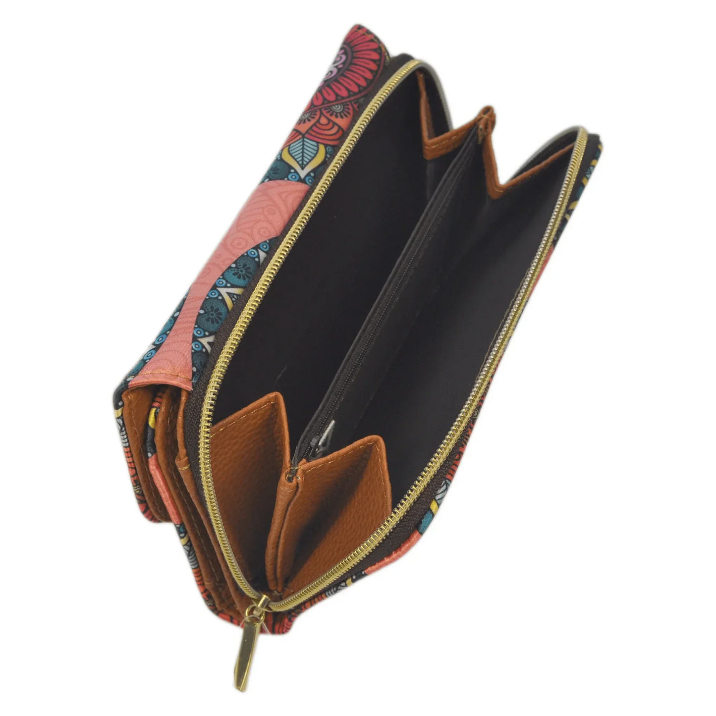 Billetera grande de mujer con estampado colorido, vista abierta y cierre dorado.
