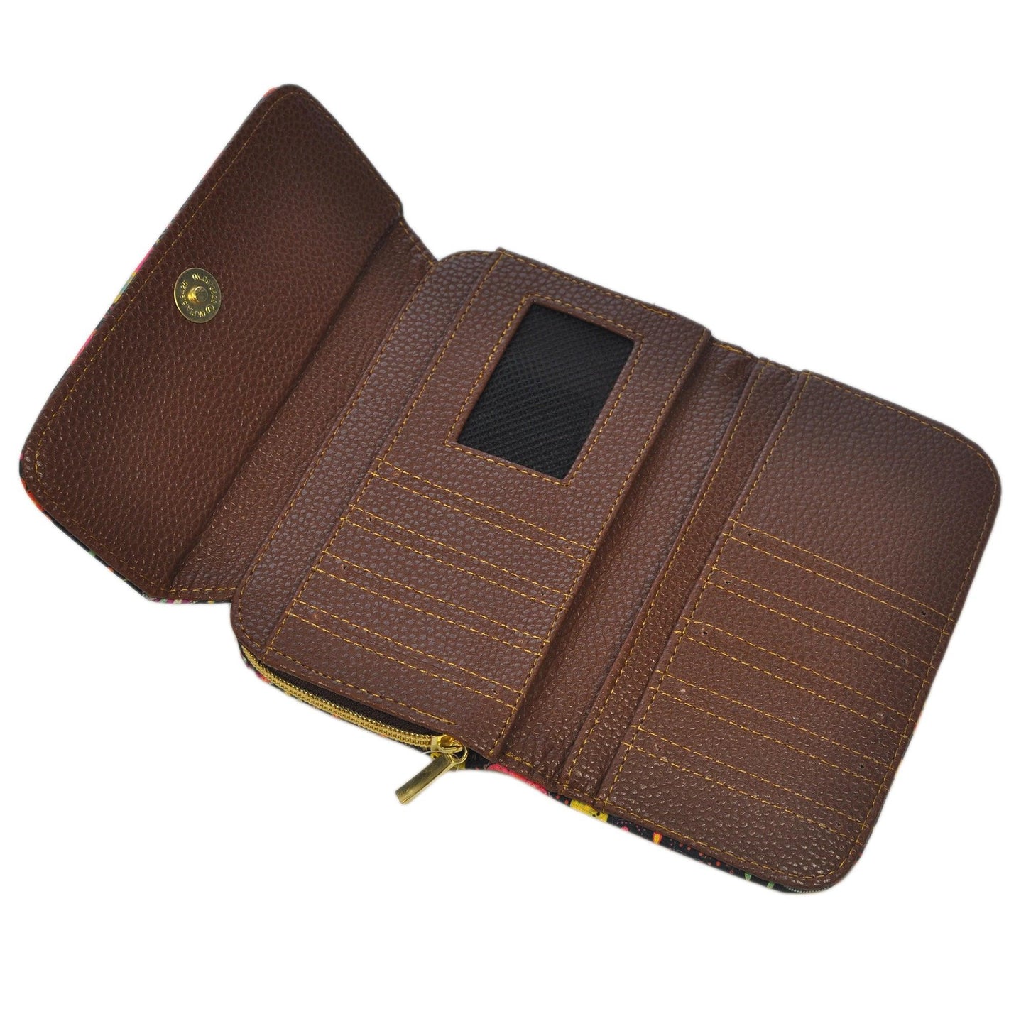 Billetera grande de mujer abierta de cuero sintético marrón con compartimentos y cierre dorado