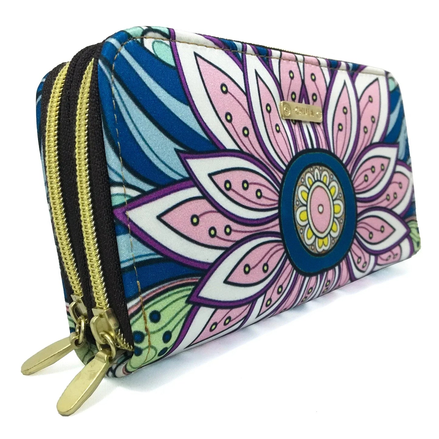 Billetera grande con doble cremallera y estampado floral colorido sobre fondo blanco