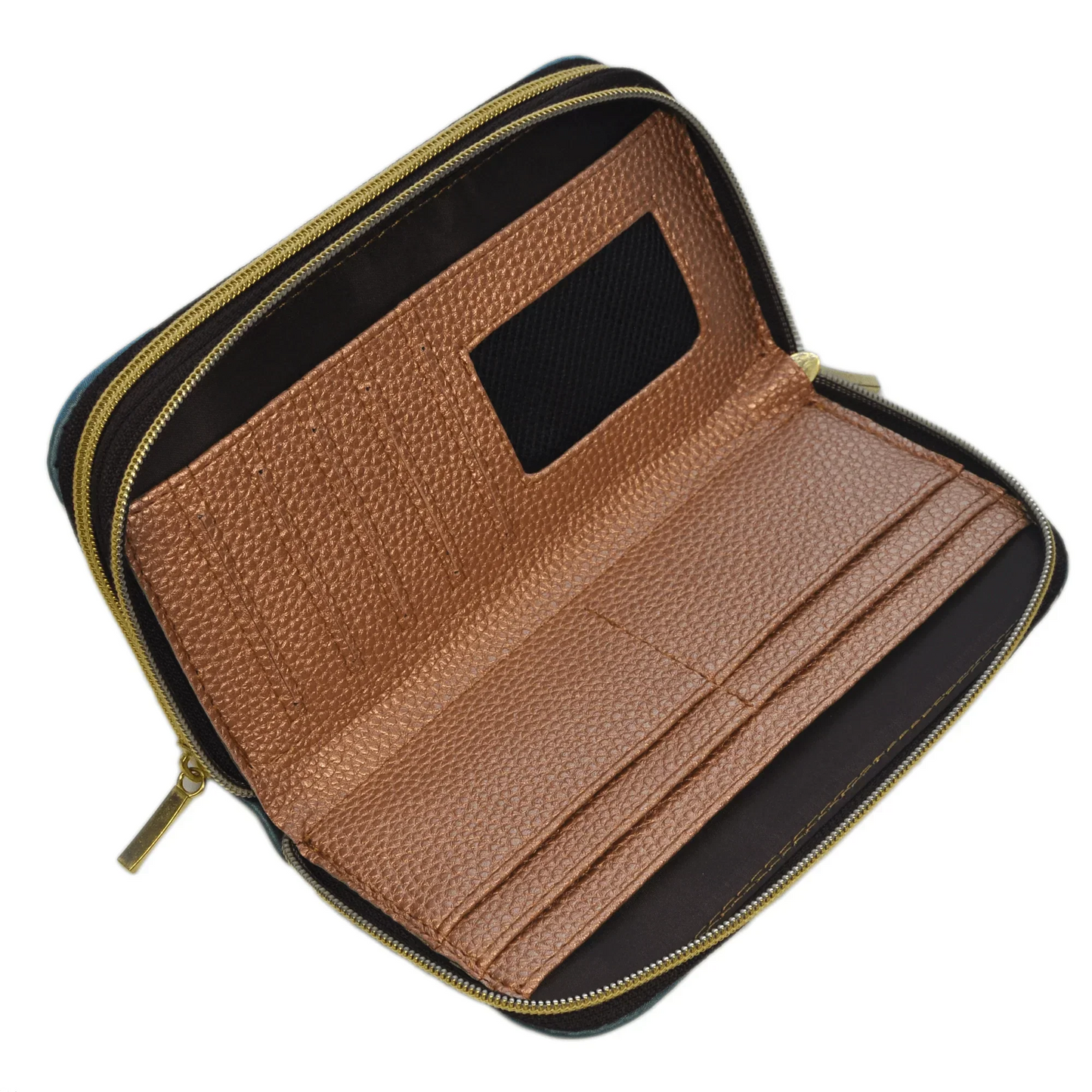 Billetero tarjetero mujer grande color marrón con cremalleras y compartimentos múltiples