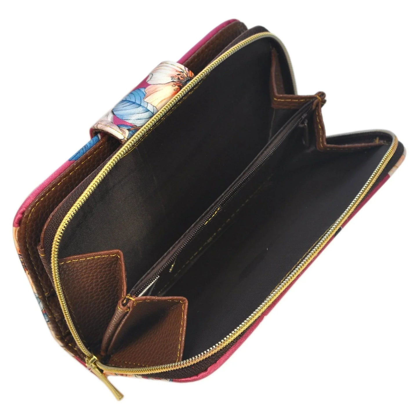 Billetero tarjetero grande mujer Colette colibrí magnolia morado, interior con cremalleras