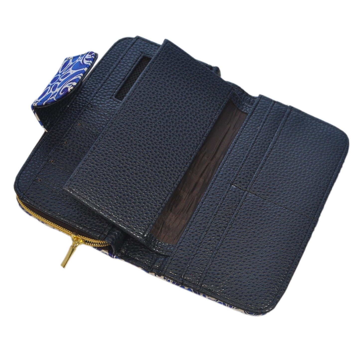 Billetero tarjetero mujer grande azul con estampado, departamentos y cremallera dorada