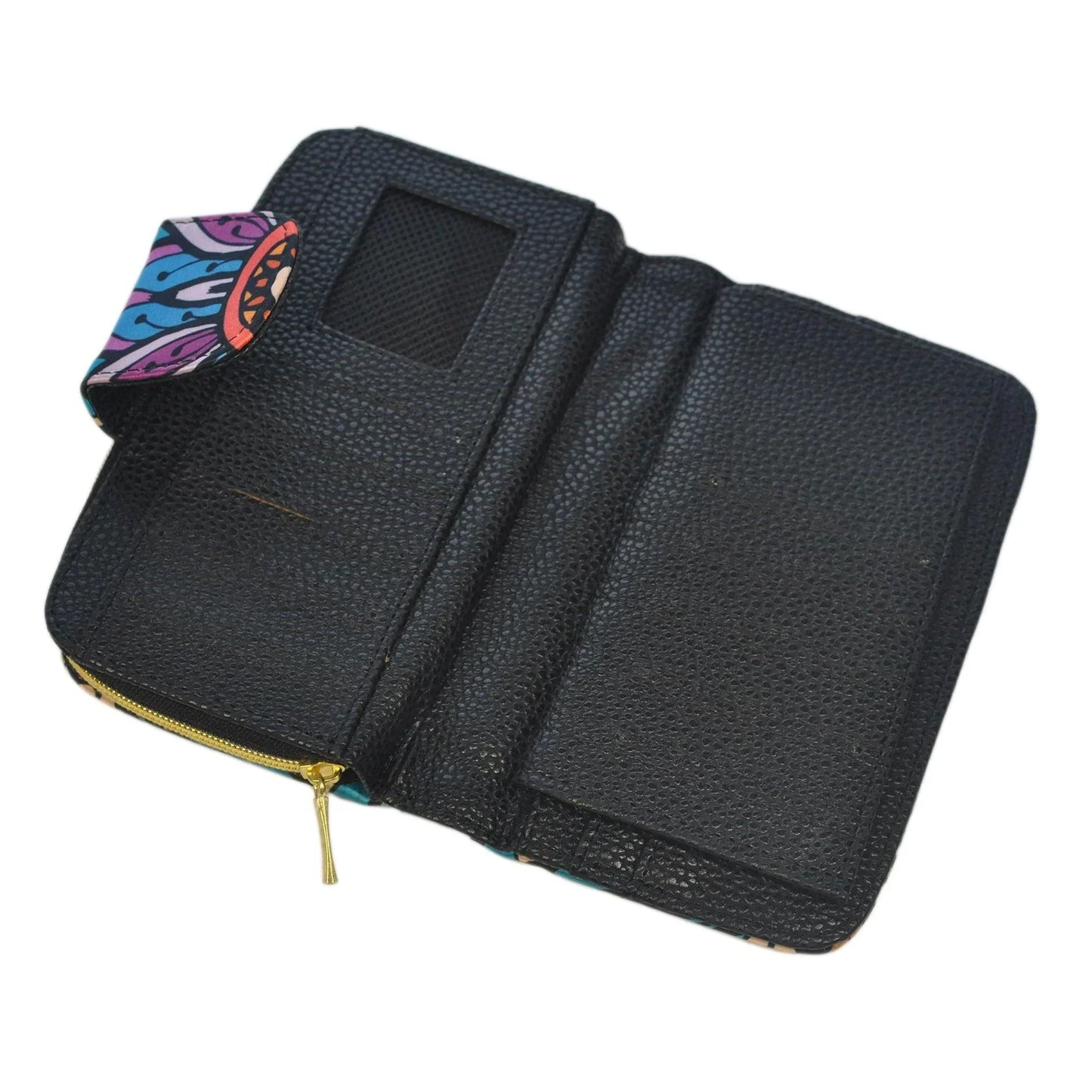 Billetero tarjetero grande de mujer negro con solapa mandala multicolor y cierre dorado