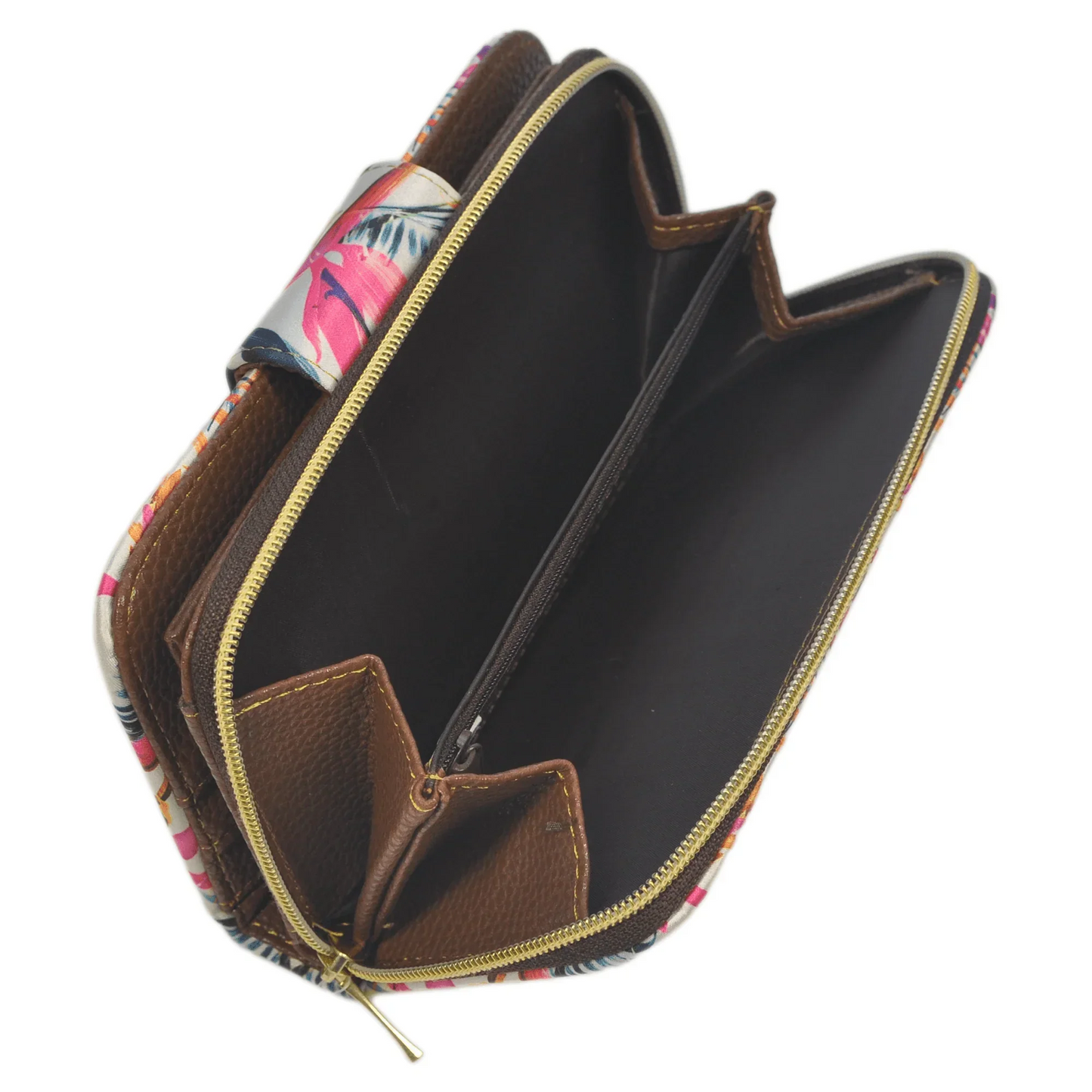 Billetero tarjetero grande para mujer, estampado floral, interior marrón y cremallera dorada