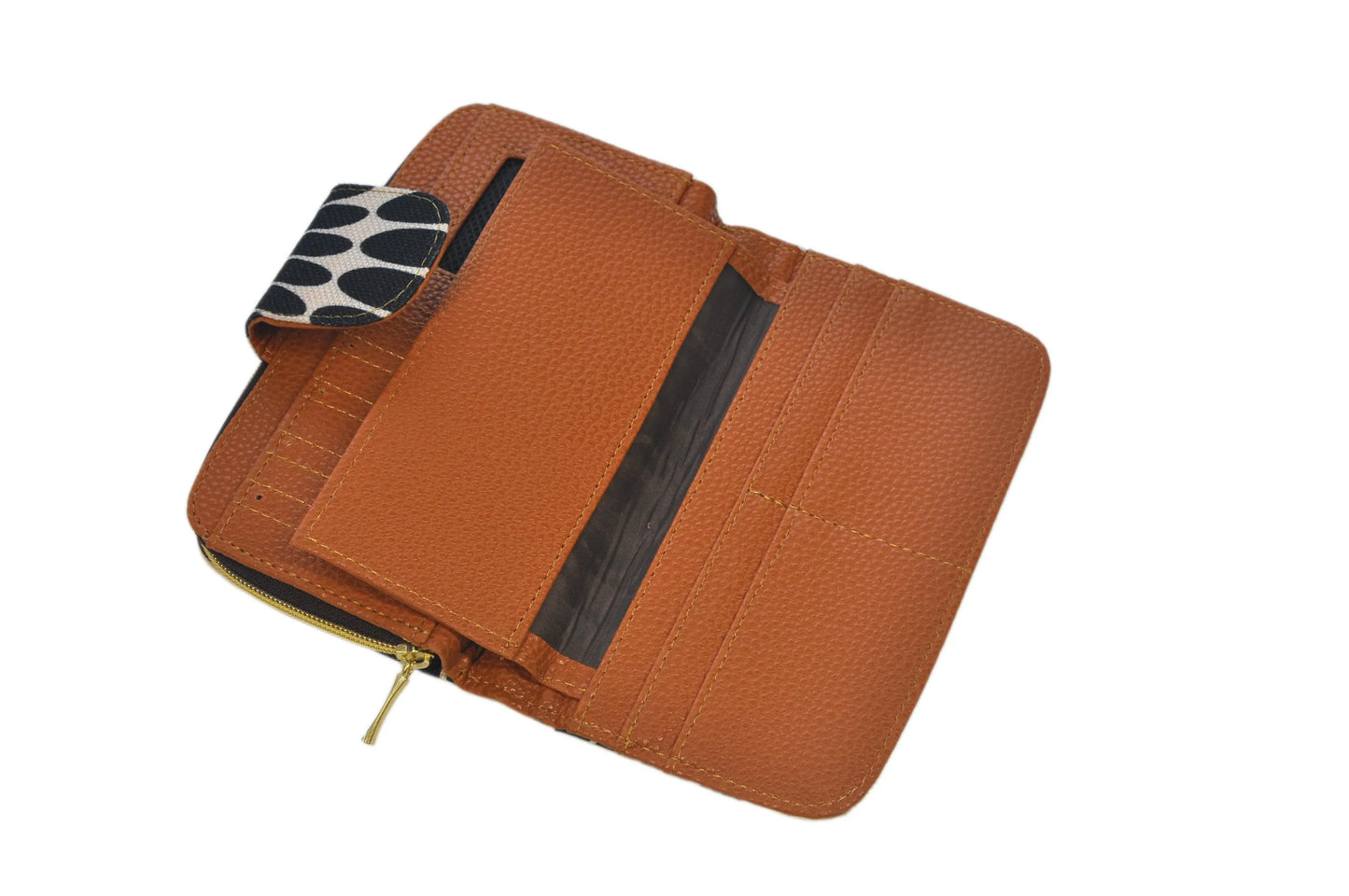 Billetero tarjetero mujer grande abierto color marrón con broche estampado y cremallera dorada