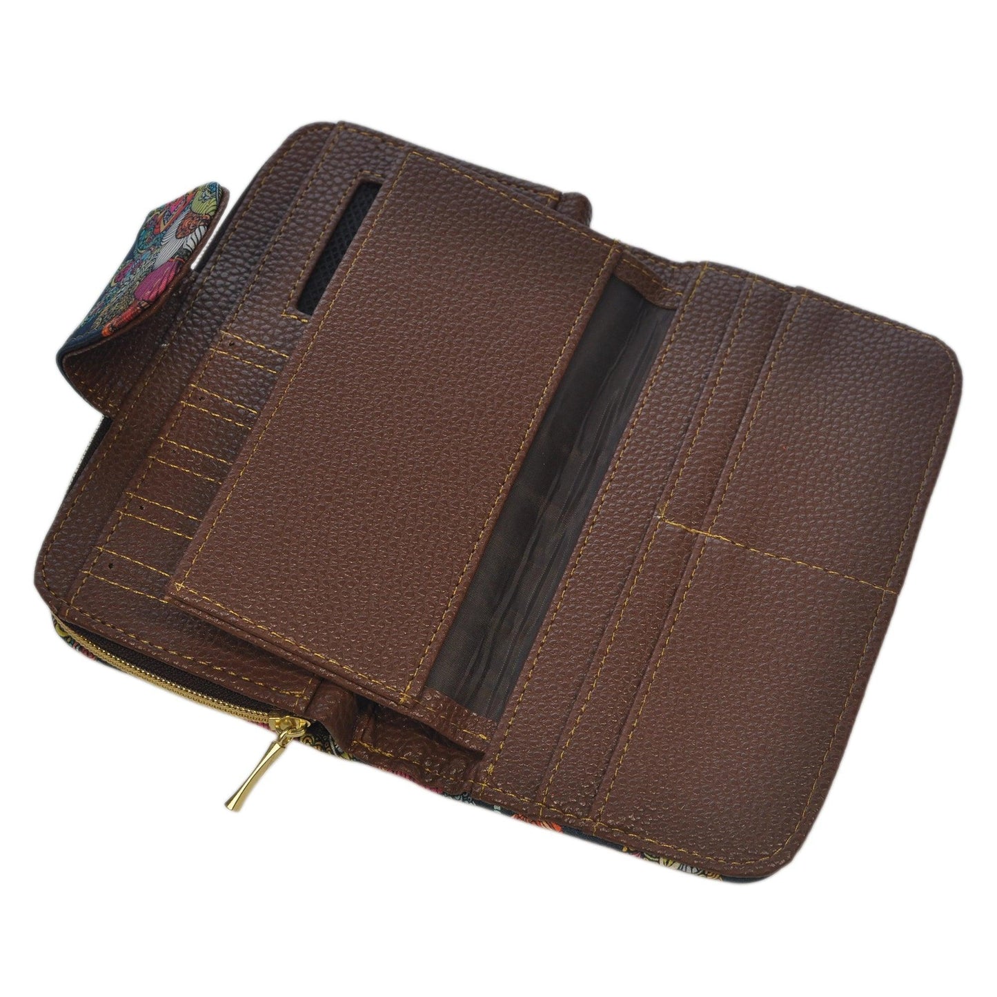 billetero tarjetero grande mujer marrón cuero con varios compartimentos y cierre dorado