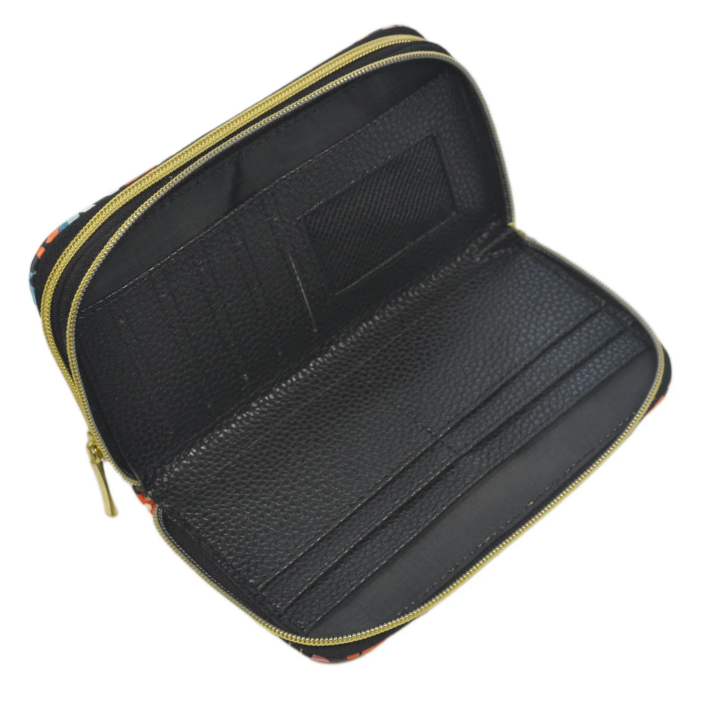 Billetero tarjetero mujer grande negro con doble cierre y detalles de círculos rojos y azules