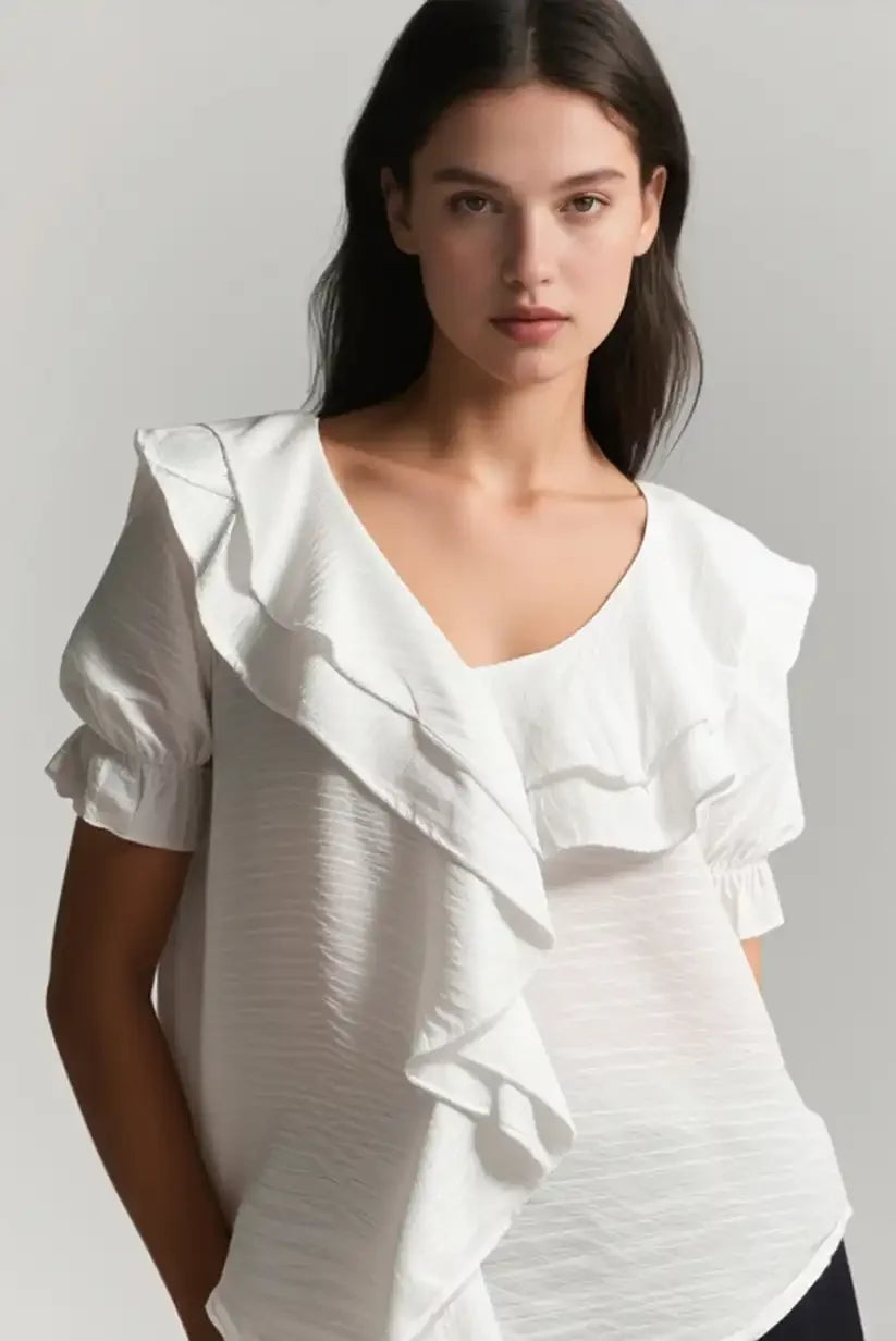 Blusa Blanca Mujer Volantes Manga Corta Elegante Casual - CHICA del Sur