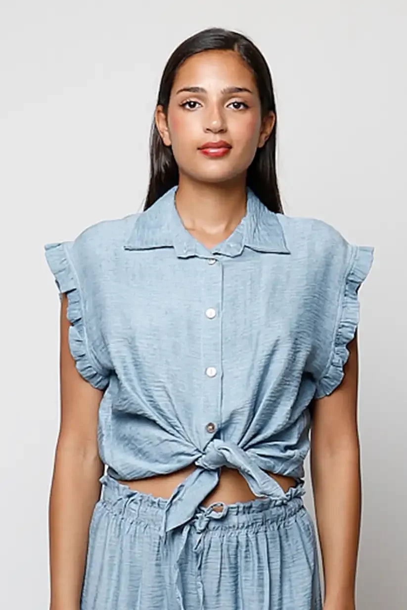 Blusa Azul Mujer Manga Corta Abotonada Elegante y Fresca - CHICA del Sur