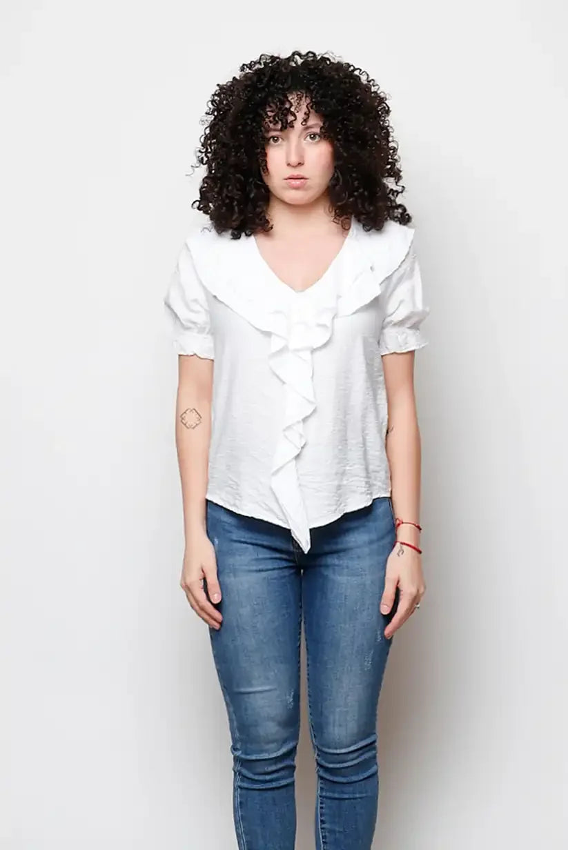 Blusa Blanca Mujer Volantes Manga Corta Elegante Casual - CHICA del Sur