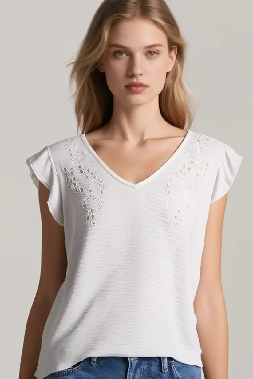 Blusa blanca mujer cuello pico bordada algodón manga larga elegante - CHICA del Sur