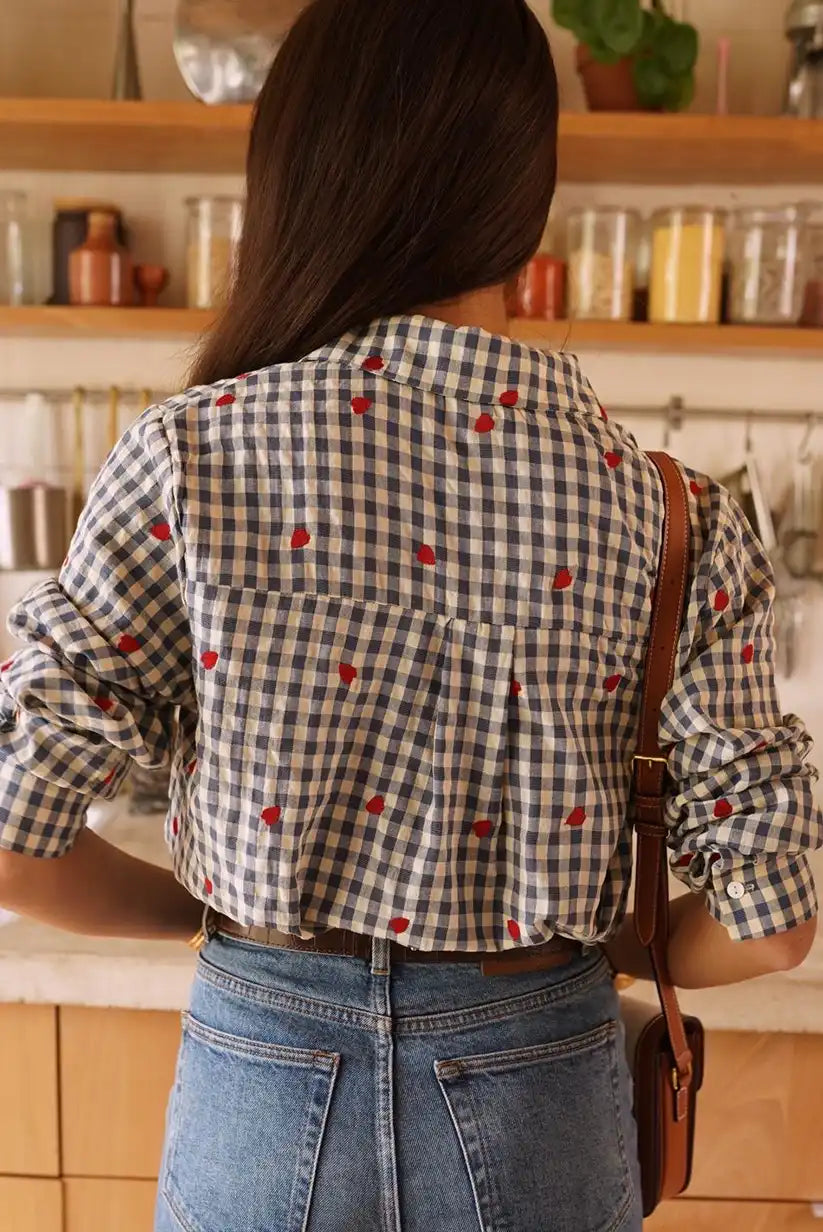 Camisa Mujer Cuadros Azul Beige Corazones Algodón Manga Larga - CHICA del Sur