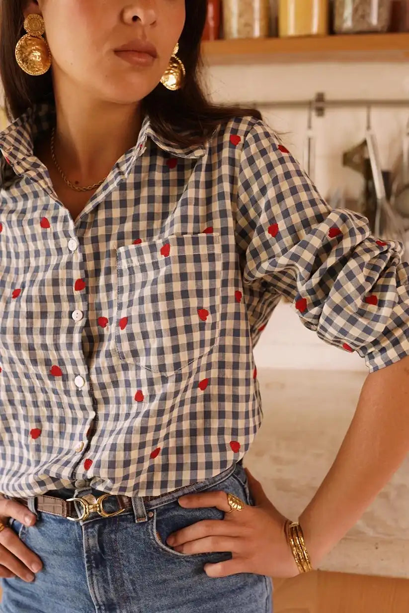 Camisa Mujer Cuadros Azul Beige Corazones Algodón Manga Larga - CHICA del Sur