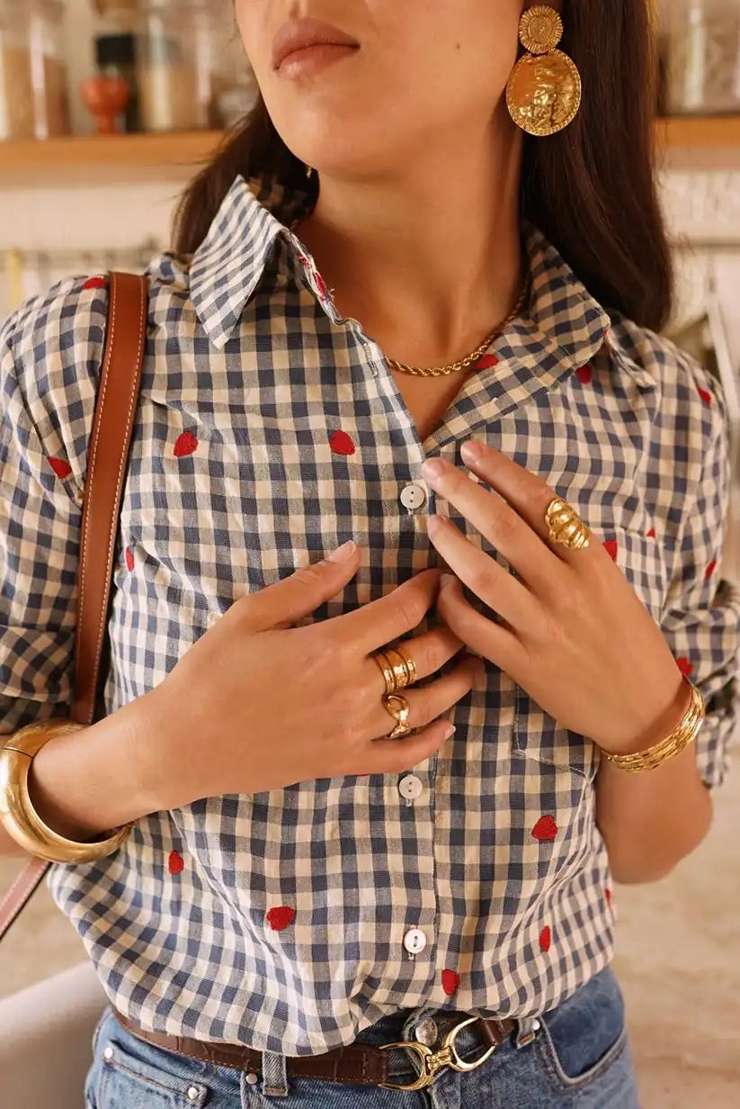 Camisa Mujer Cuadros Azul Beige Corazones Algodón Manga Larga - CHICA del Sur