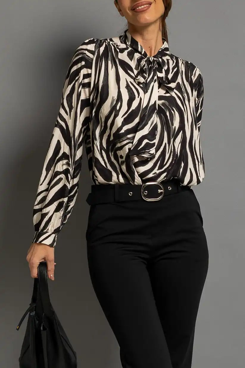 Blusa Estampado Cebra Negra Mujer | Cuello Lazada Elegante - CHICA del Sur
