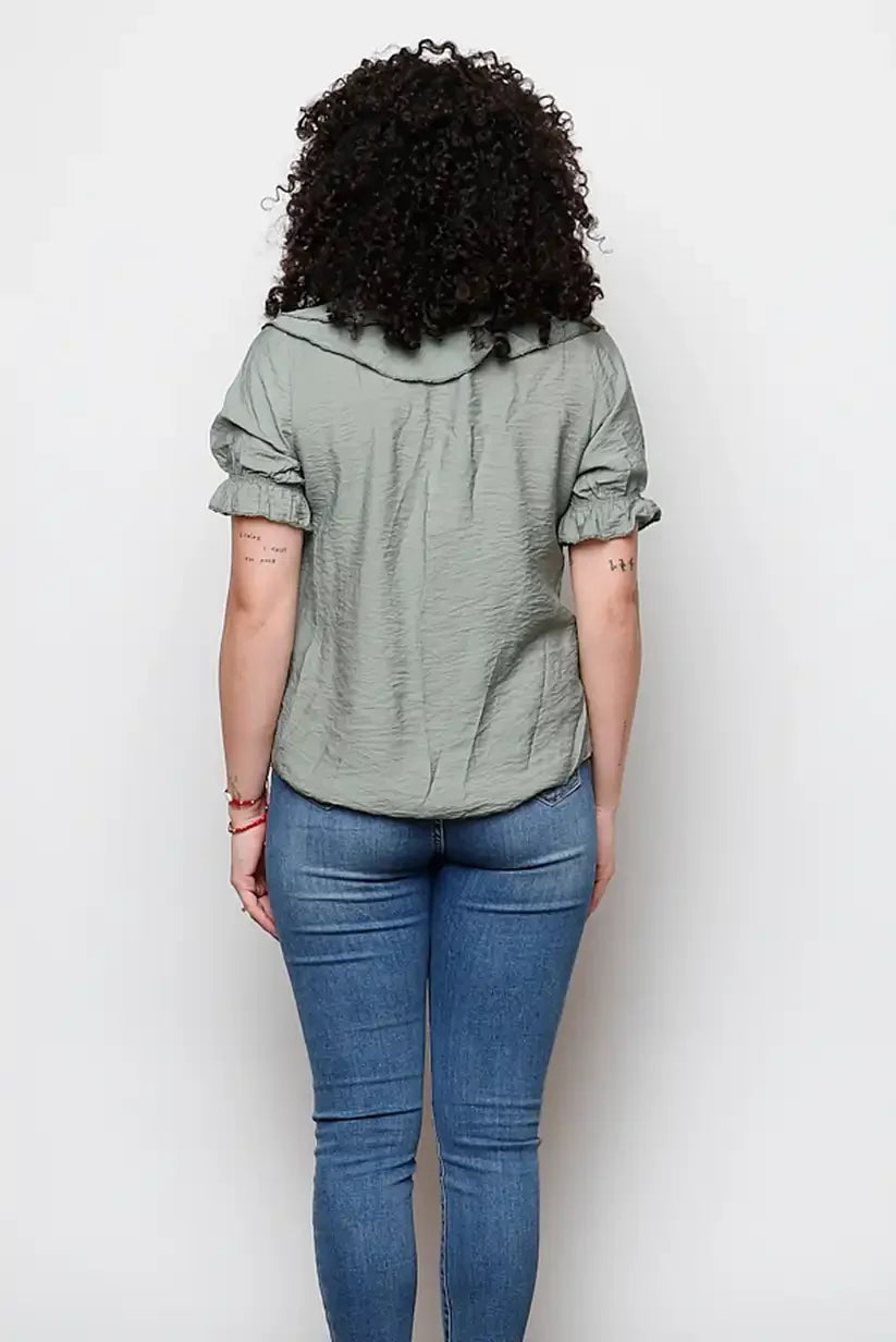 Blusa Verde Oliva Mujer con Volantes Manga Corta Fresca Elegante - CHICA del Sur