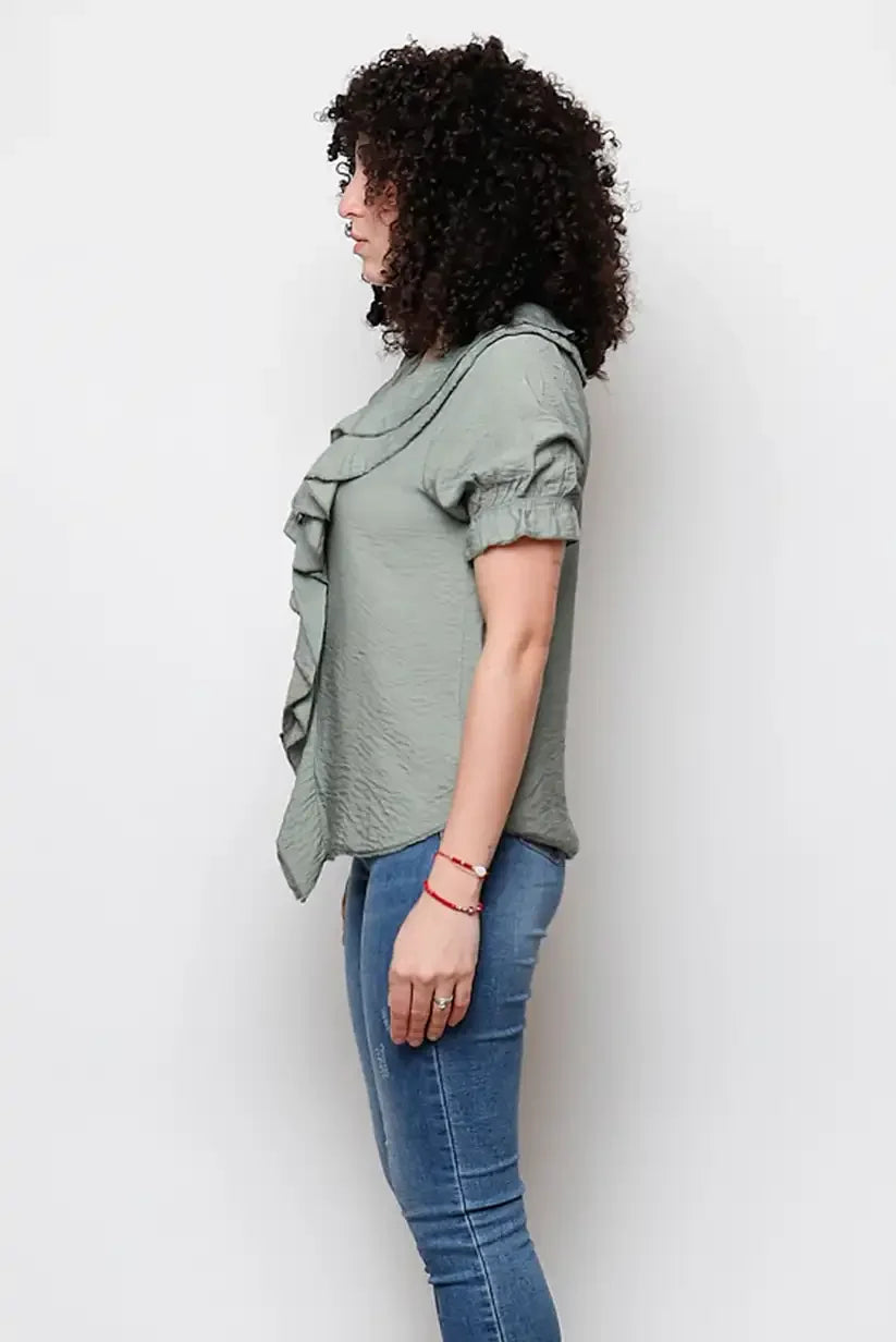 Blusa Verde Oliva Mujer con Volantes Manga Corta Fresca Elegante - CHICA del Sur
