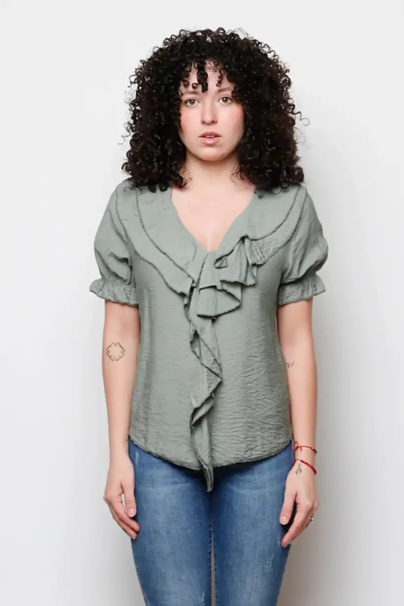 Blusa Verde Oliva Mujer con Volantes Manga Corta Fresca Elegante - CHICA del Sur
