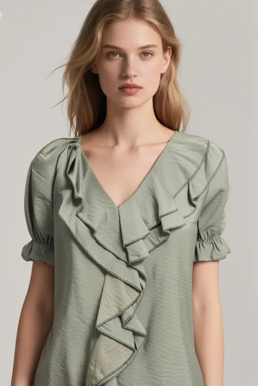 Blusa Verde Oliva Mujer con Volantes Manga Corta Fresca Elegante - CHICA del Sur