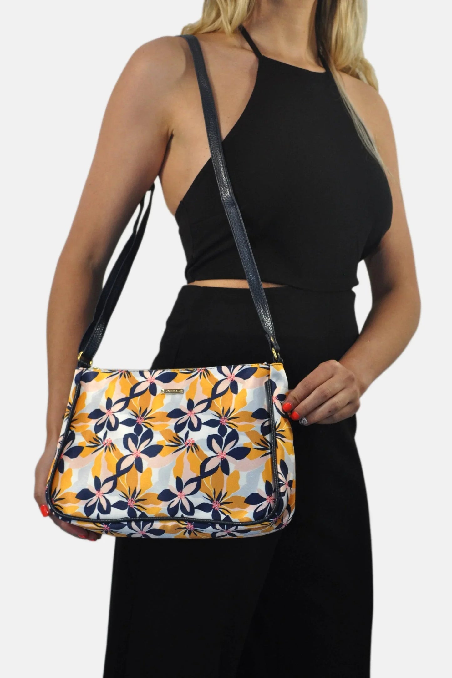 Bolso bandolera mediano Iliana Shoulder Flor Amarilla Marino | CHULA Tulum - CHICA del Sur