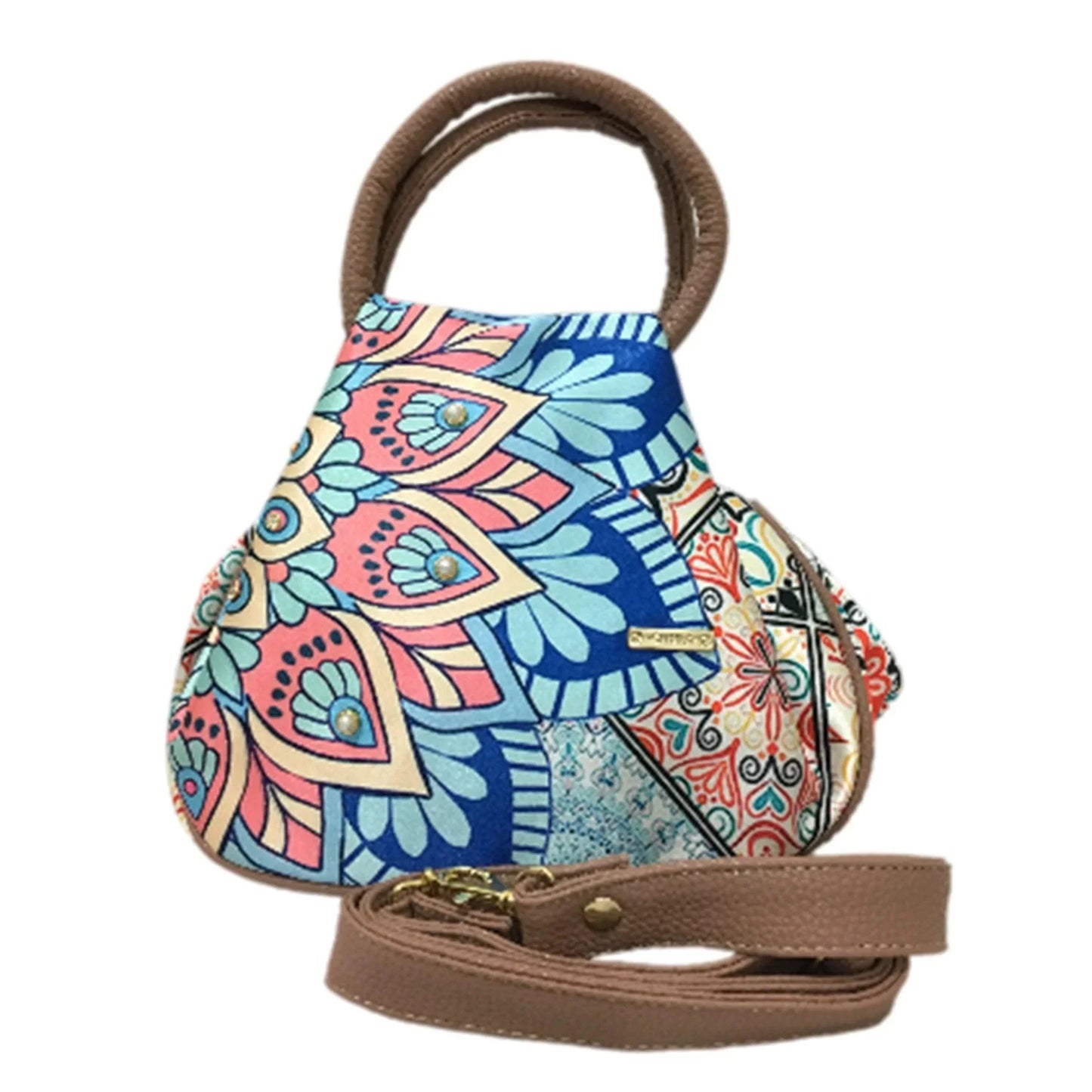 Bolso de mano mediano con diseño mandala turquesa y rosa, asas y correa marrón.