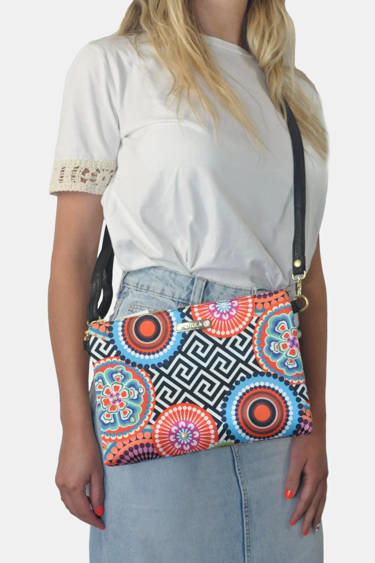 Bolso de Mano y Bandolera Pequeño Clutch Círculos Negro Geométrico | CHULA Tulum - CHICA del Sur