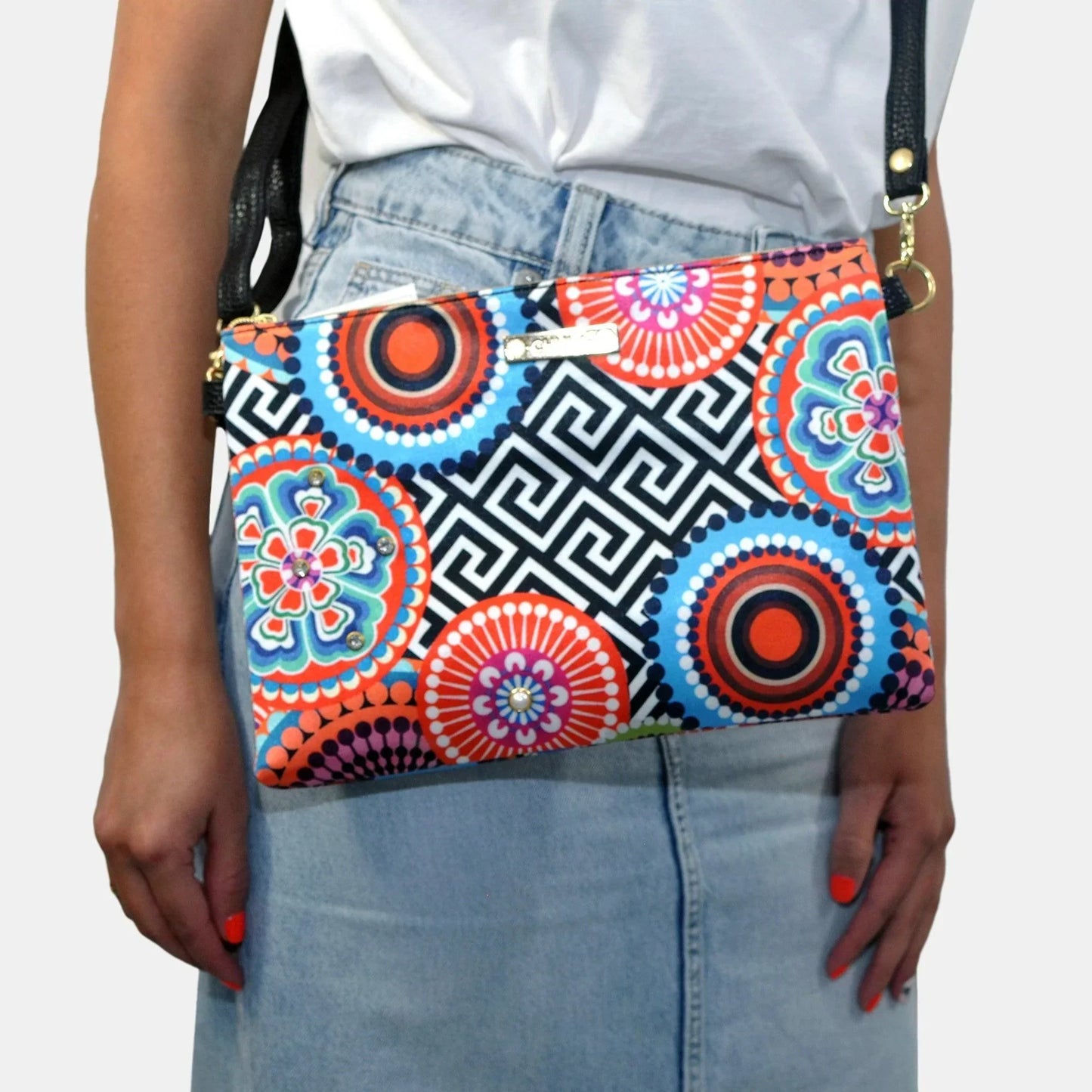 Bolso de Mano y Bandolera Pequeño Clutch Círculos Negro Geométrico | CHULA Tulum - CHICA del Sur
