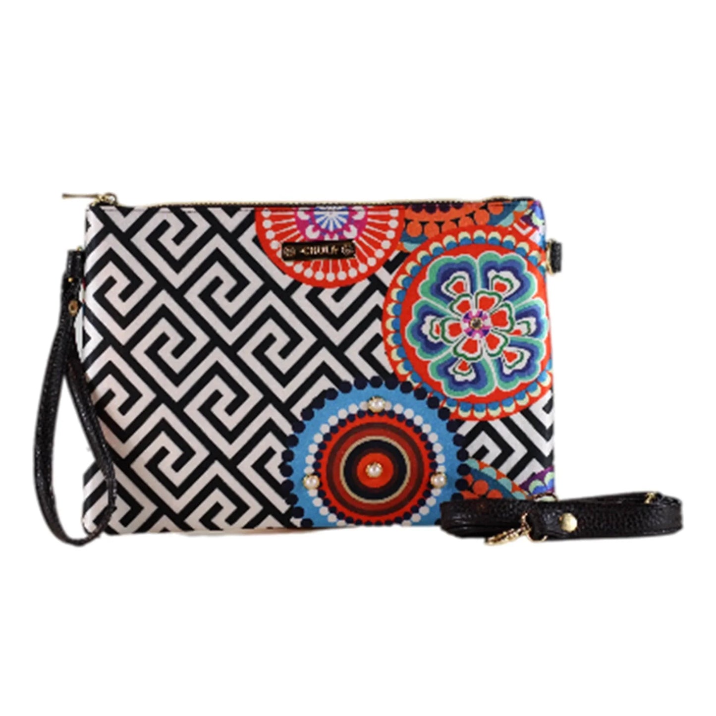 Bolso de Mano y Bandolera Pequeño Clutch Círculos Negro Geométrico | CHULA Tulum - CHICA del Sur