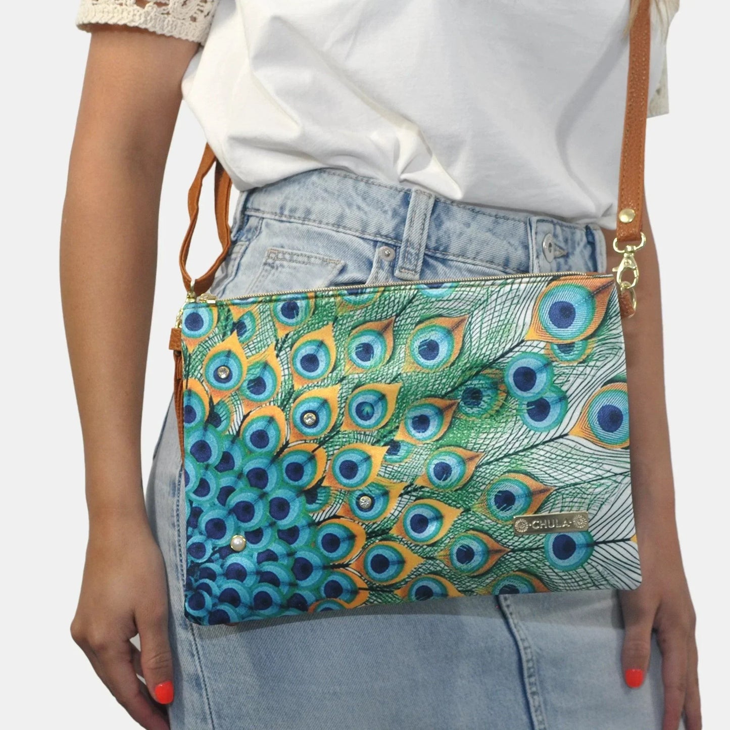 Bolso de Mano y Bandolera Pequeño Clutch Kian plumas pavo real | CHULA Tulum - CHICA del Sur
