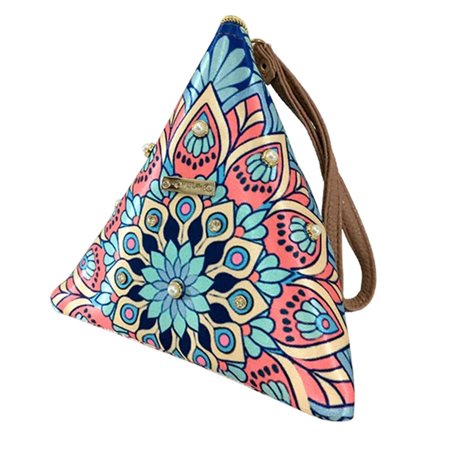 Bolso de mano pequeño pirámide con diseño mandala turquesa y detalles de perlas