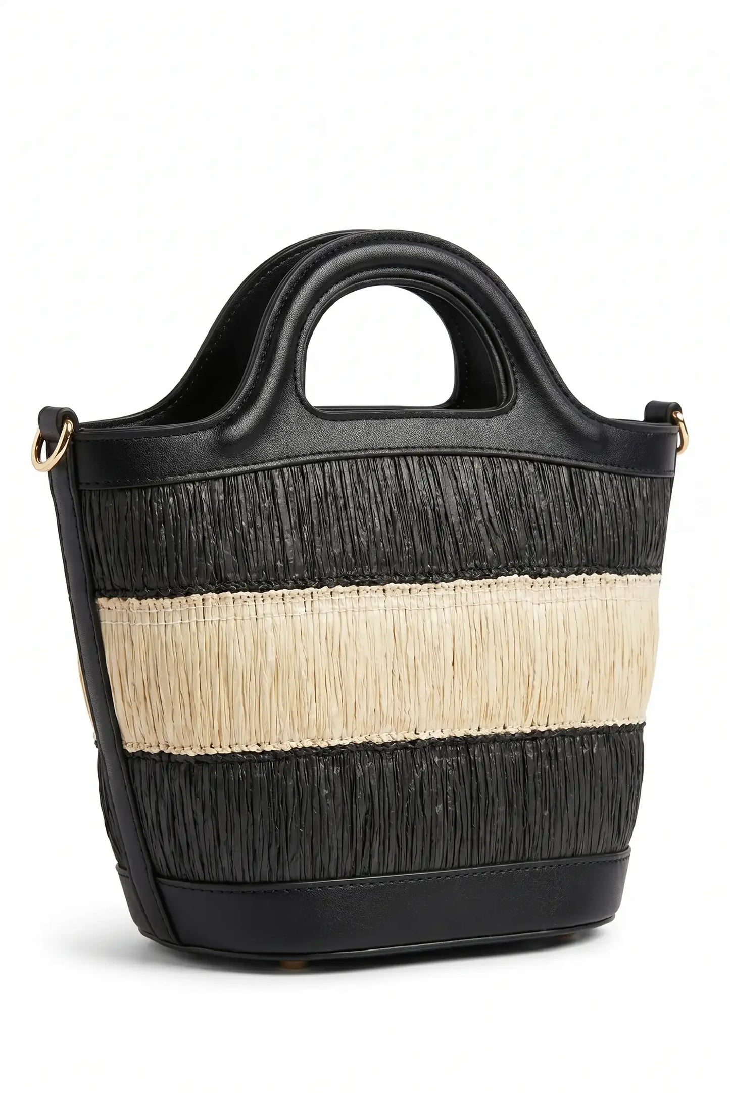 Bolso de mano de paja y cuero negro con franjas beige, estilo casual y moderno para mujer