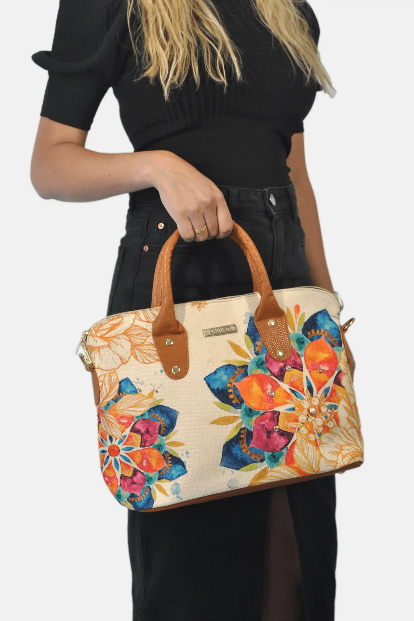 Bolso de mano y hombro para mujer grande con estampado floral colorido, asas marrones.