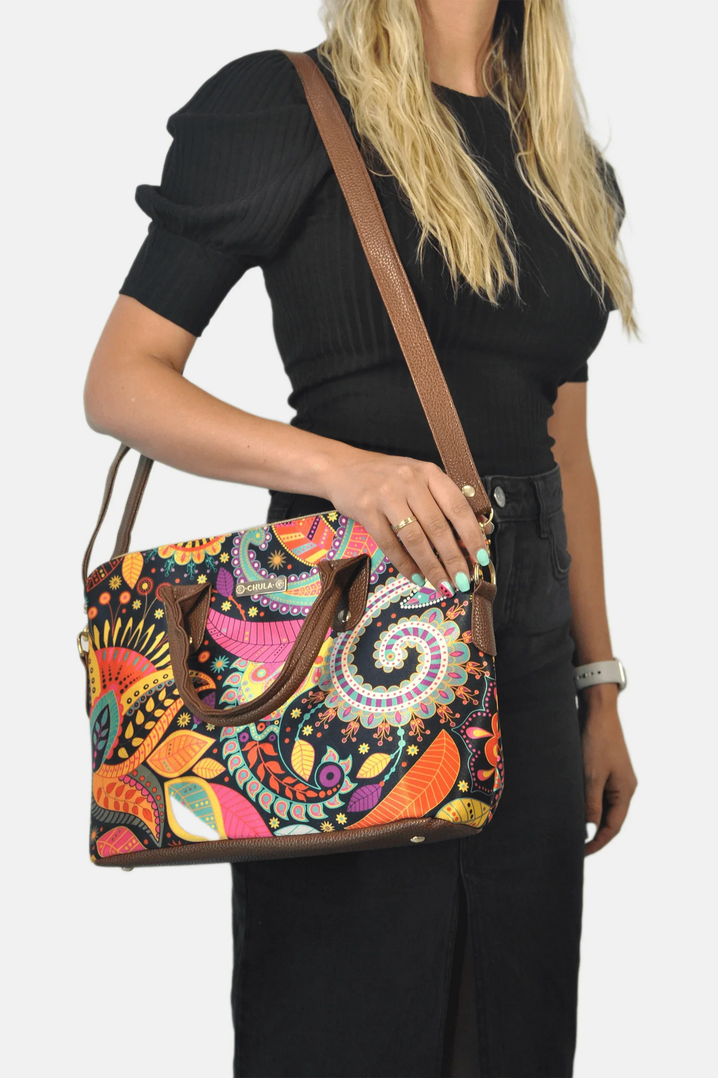 Bolso de mano y hombro mujer grande con estampado colorido floral y asas marrones