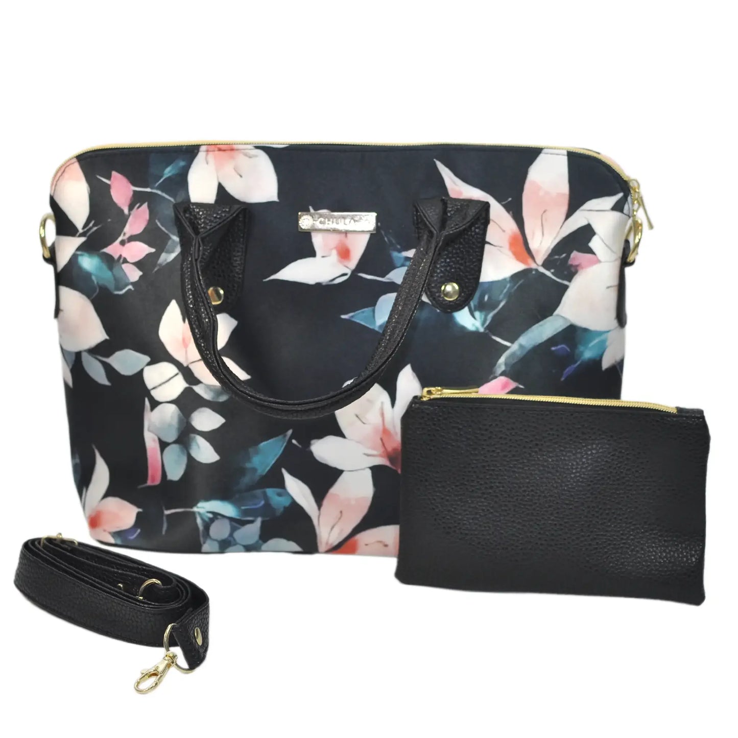 Bolso de mano y bandolera grande Lucia Flor Negro Beige | CHULA Tulum - CHICA del Sur