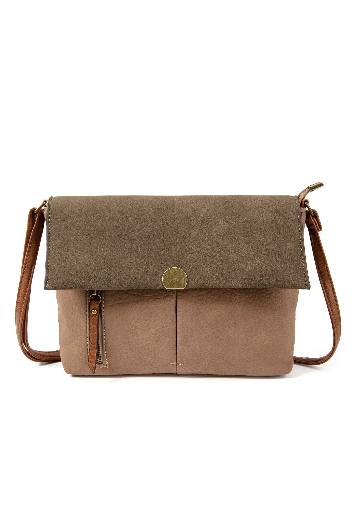 Bolso bandolera marrón con solapa y cierre metálico, ideal para mujer
