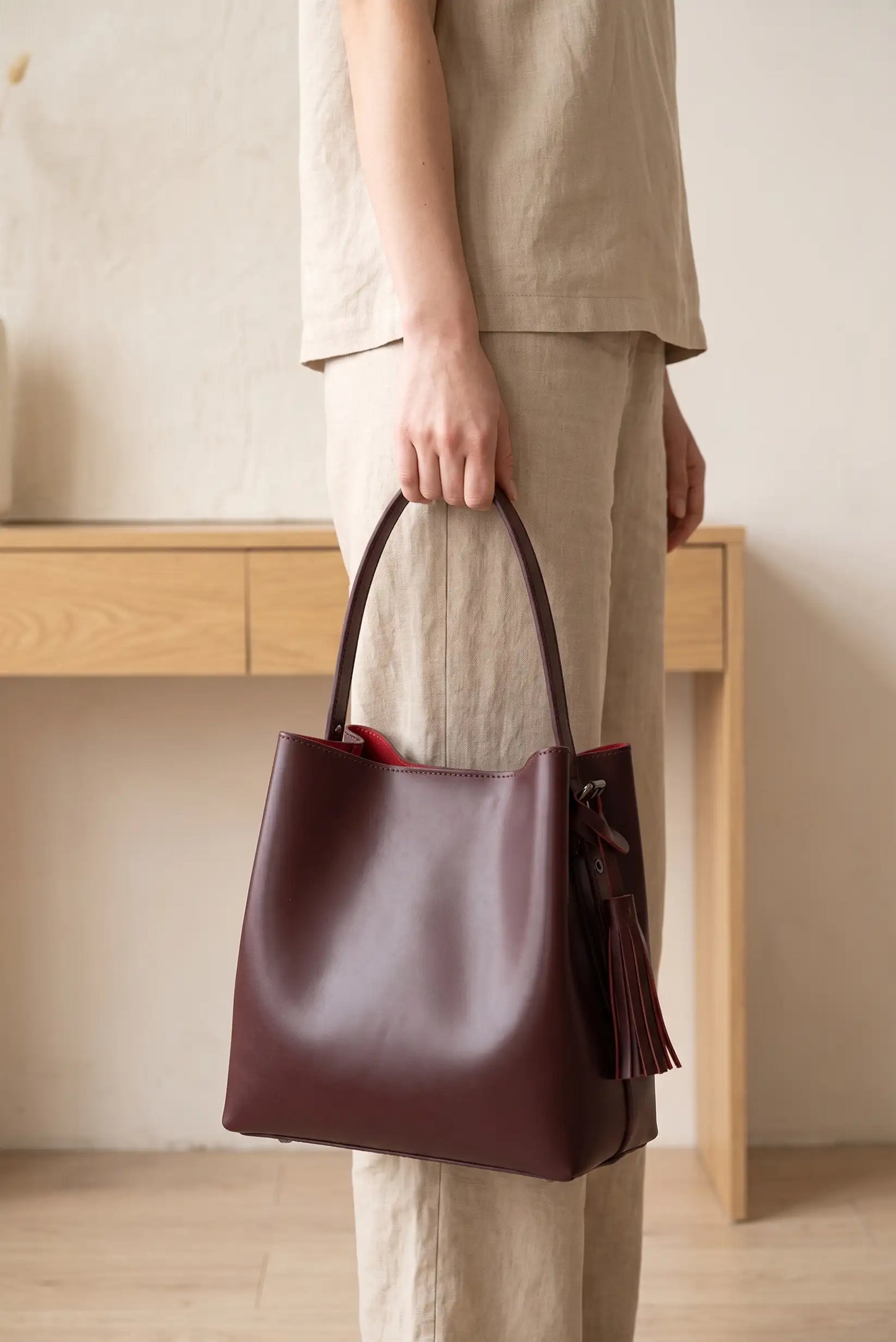 Bolso de hombro y mano mediano burdeos piel