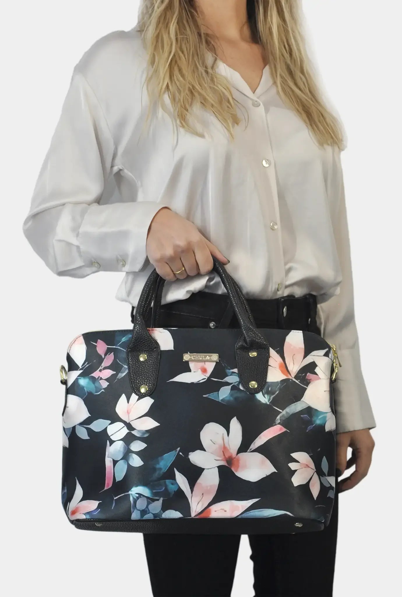 Bolso de mano y bandolera grande Lucia Flor Negro Beige | CHULA Tulum - CHICA del Sur