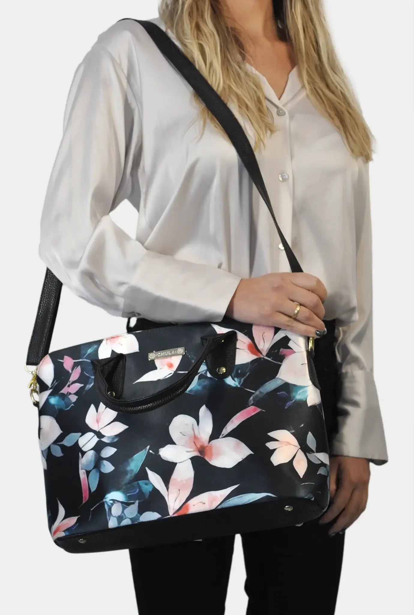 Bolso de mano y bandolera grande Lucia Flor Negro Beige | CHULA Tulum - CHICA del Sur
