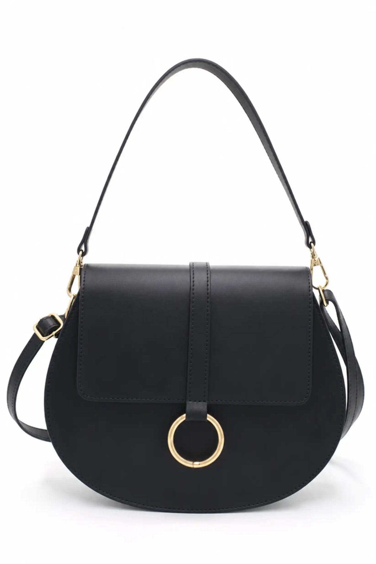 Bolso de hombro redondo negro con cierre de aro dorado y correa ajustable